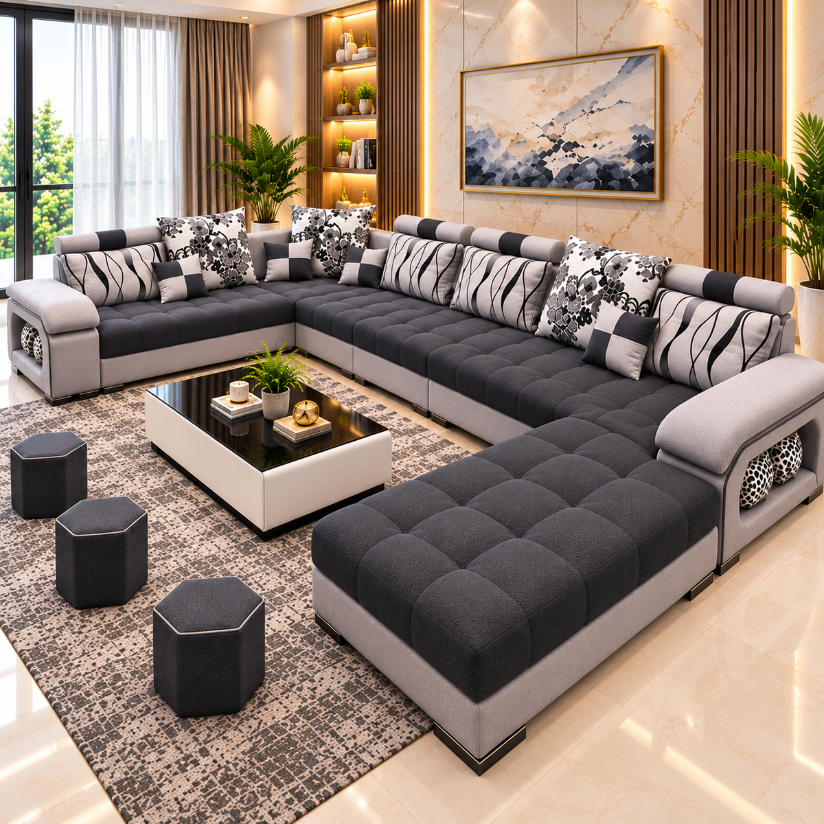L-Shaped Sectional Sofa Set for Living Room | Modern 7-Seater Corner Sofa with Chaise, Tufted Fabric Upholstery & Cushioned Backrest