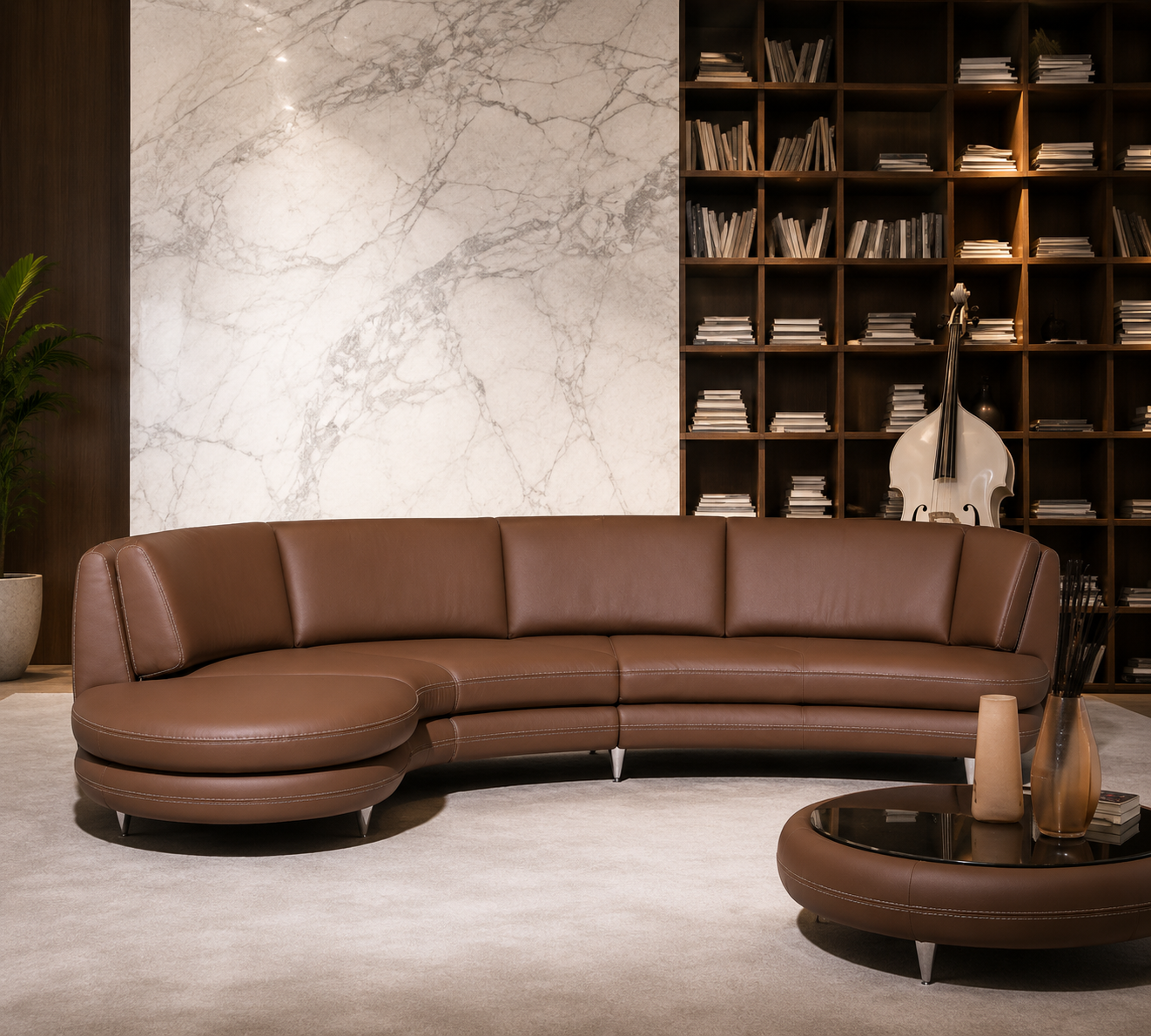 Modern Curved Leather Sectional Sofa Set for Living Room | Premium Brown Designer Corner Couch | Luxury Contemporary Lounge Sofa