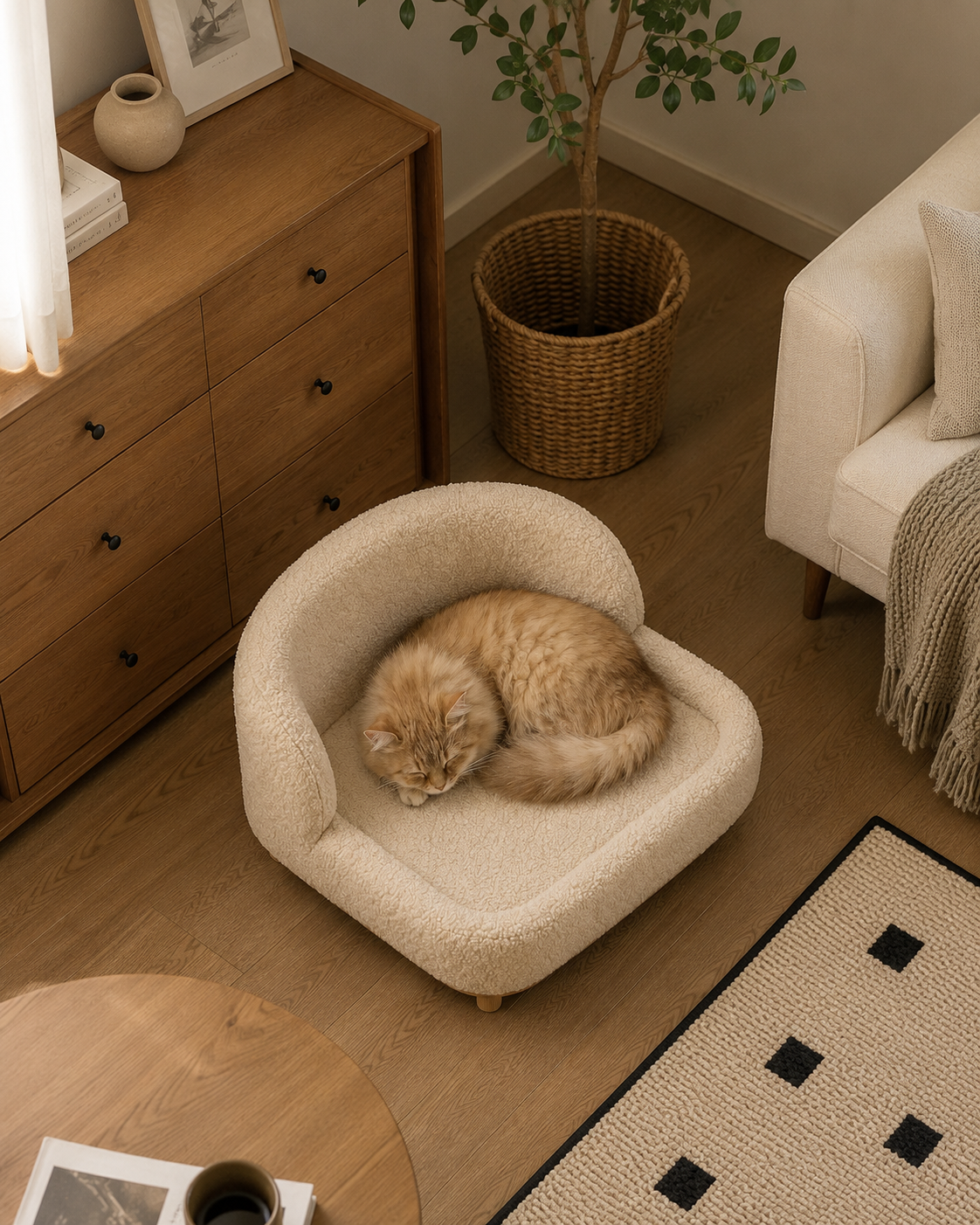 Plush Teddy Fabric Pet Sofa Bed – Soft Elevated Dog & Cat Couch with Wooden Legs, Cozy Washable Pet Lounge