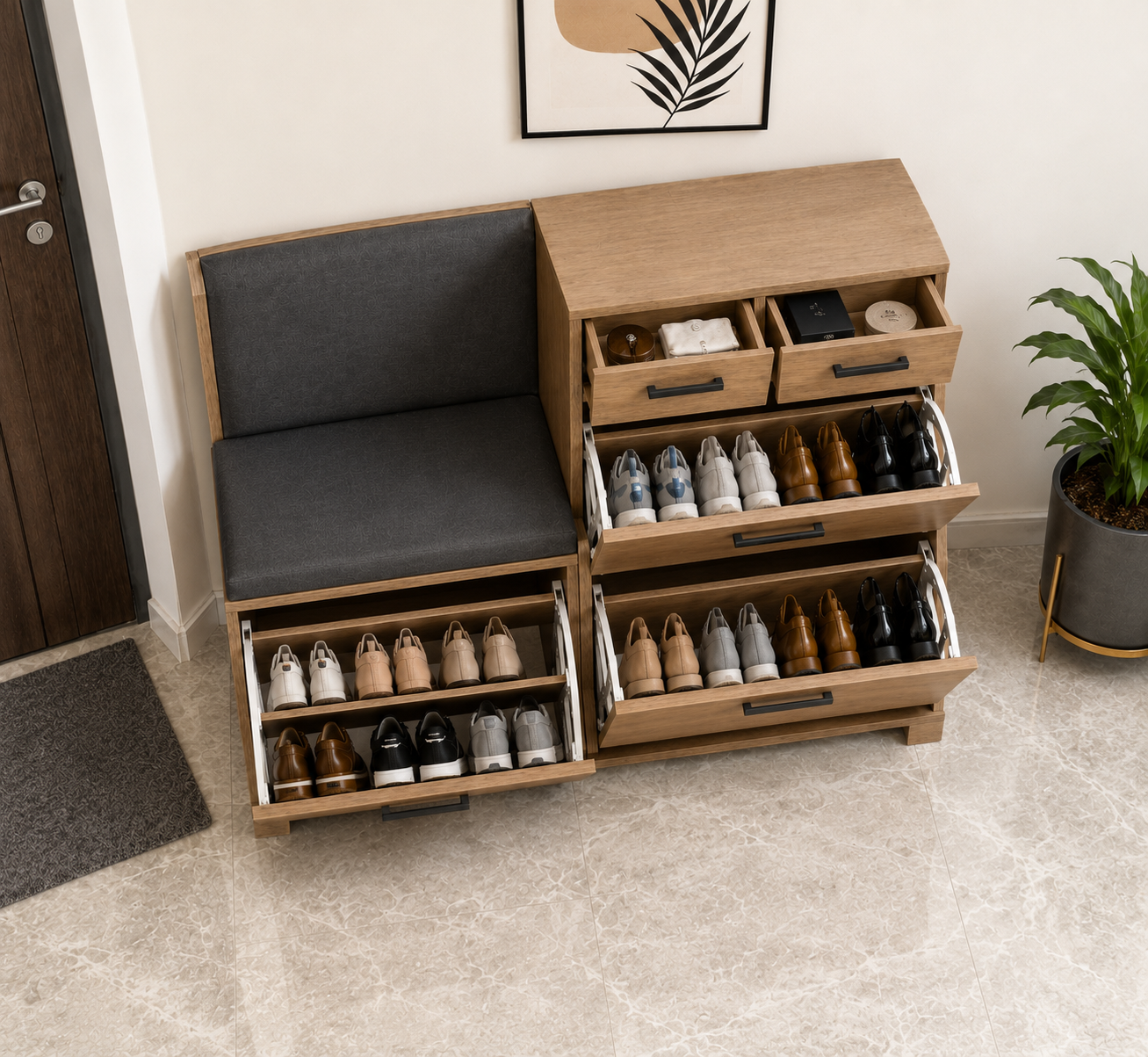 Modern Wooden Shoe Storage Cabinet with Cushioned Bench Seat | Entryway Shoe Organizer with Soft-Close Drawers & Matte Black Handles