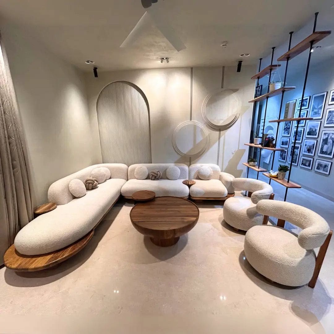 Luxury Curved Bouclé Sofa Set with 2 Accent Chairs & Wooden Coffee Table | Modern Designer Living Room Furniture Set