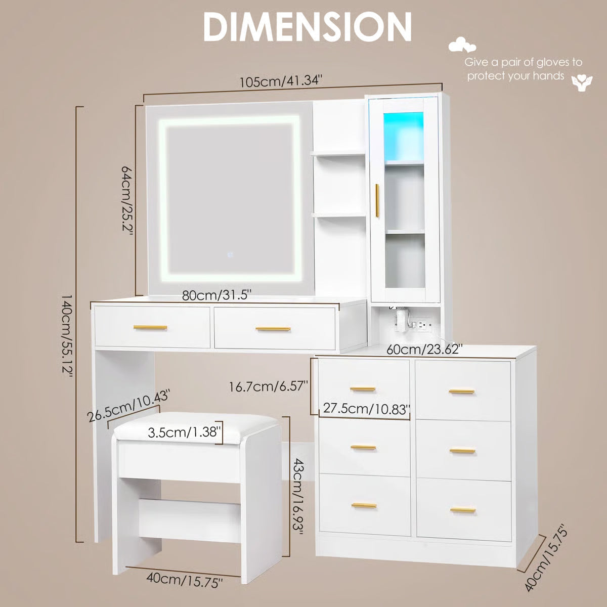Adriel 51.8" Modern Makeup Vanity with Mirror, LED Lights, and RGB Cabinet Storage