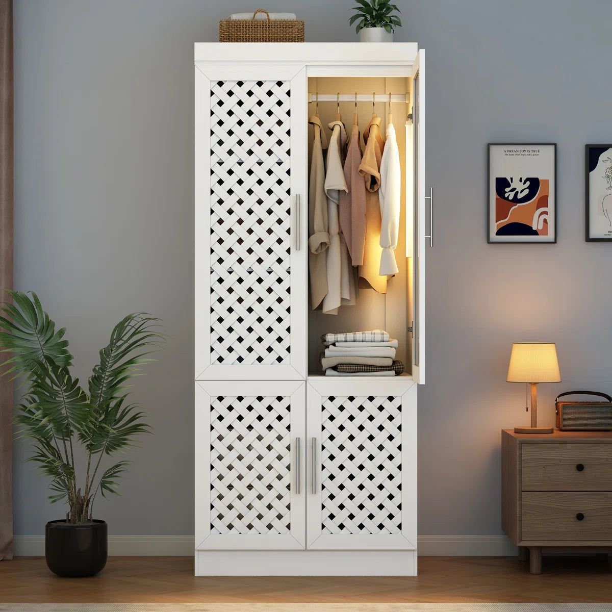 Spacious 75.6'' H Armoire – 3 Woven Doors Wardrobe with Mirror & Sensor Light OUCH CART