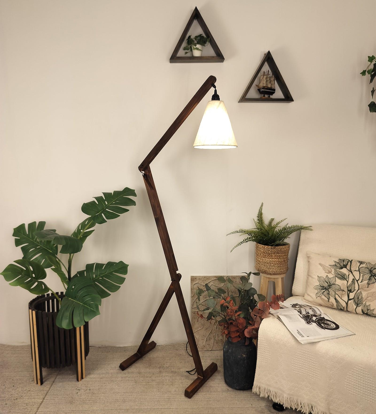 Benji Wooden Floor Lamp with Brown Base and Beige Fabric Lampshade (BULB NOT INCLUDED) - Ouch Cart