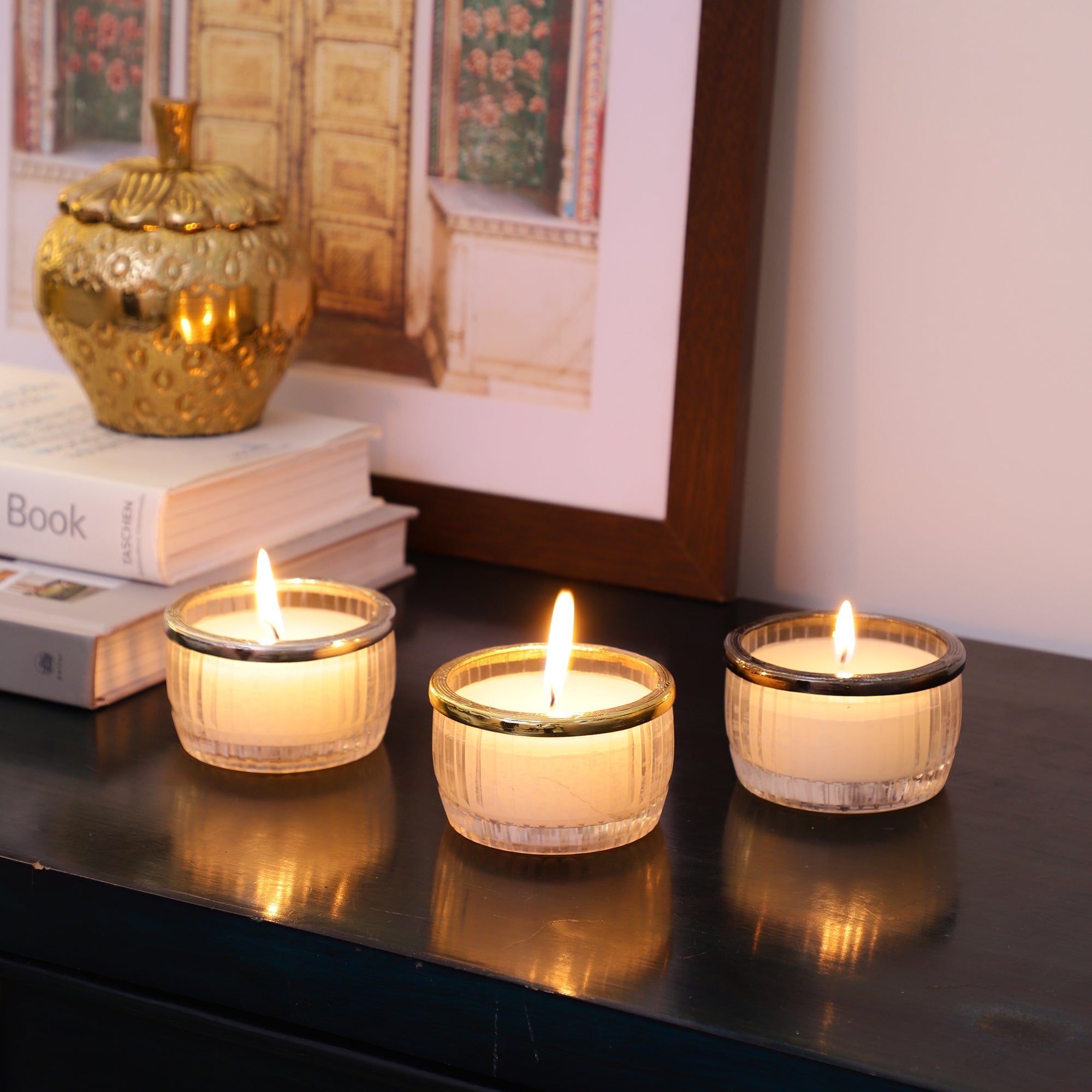 snowy whisper white scented candle glass jar with Golden Ring M.M.I. OVERSEAS