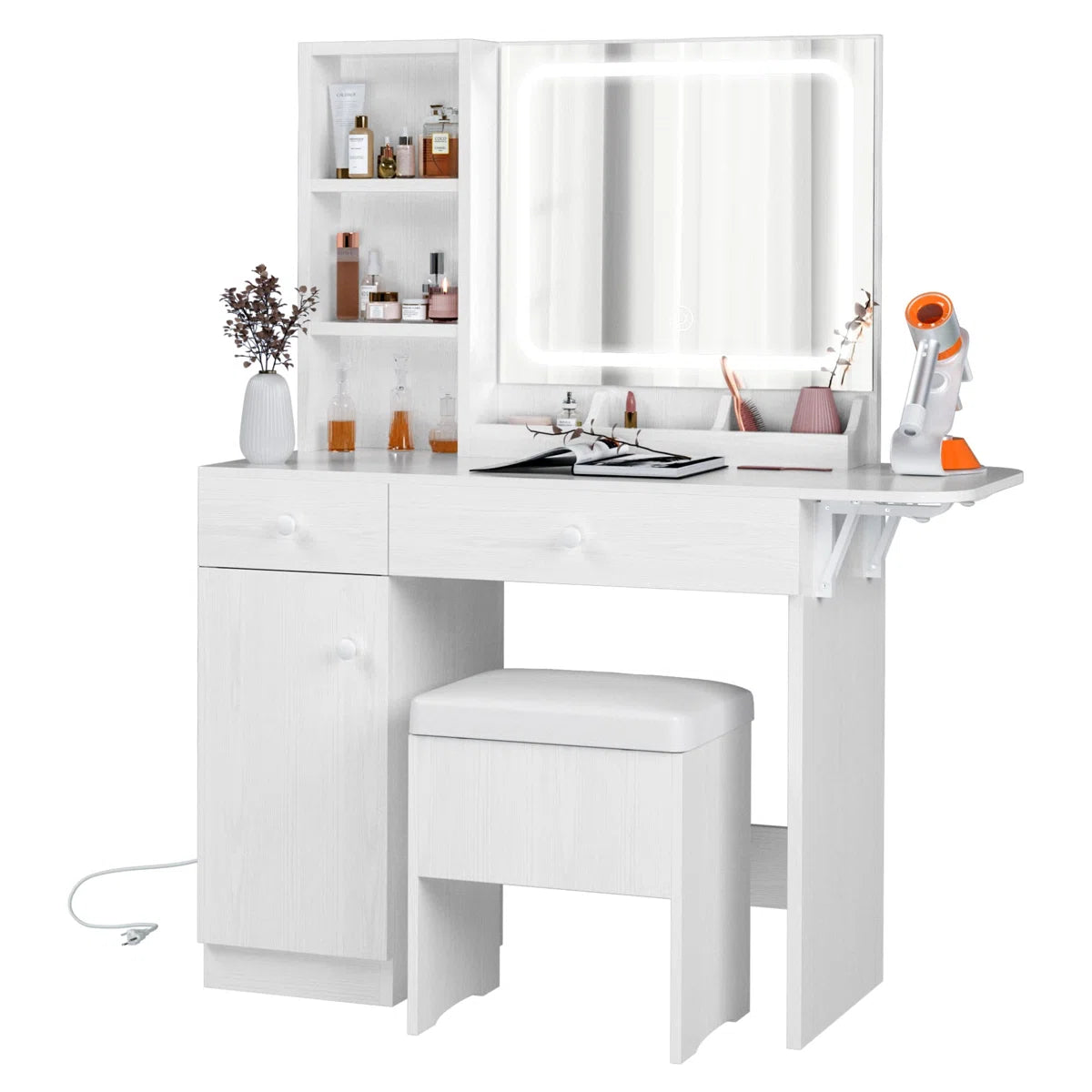 Vanity Desk with LED Lighted Mirror, Power Outlet, 2 Drawers, 3 Cubbies & Bookcase Storage for Bedroom
