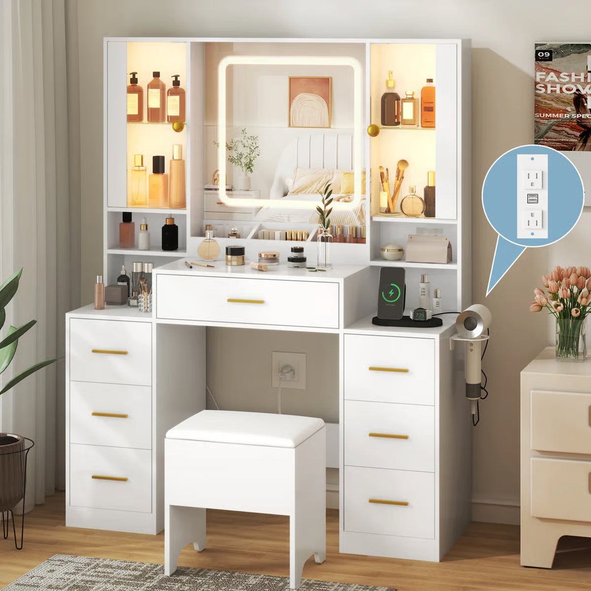 Large 7-Drawer Vanity Desk with LED Mirror, Storage Stool, Cabinet, Charging Station and Hair Dryer Rack- OUCH CART |Dressing table