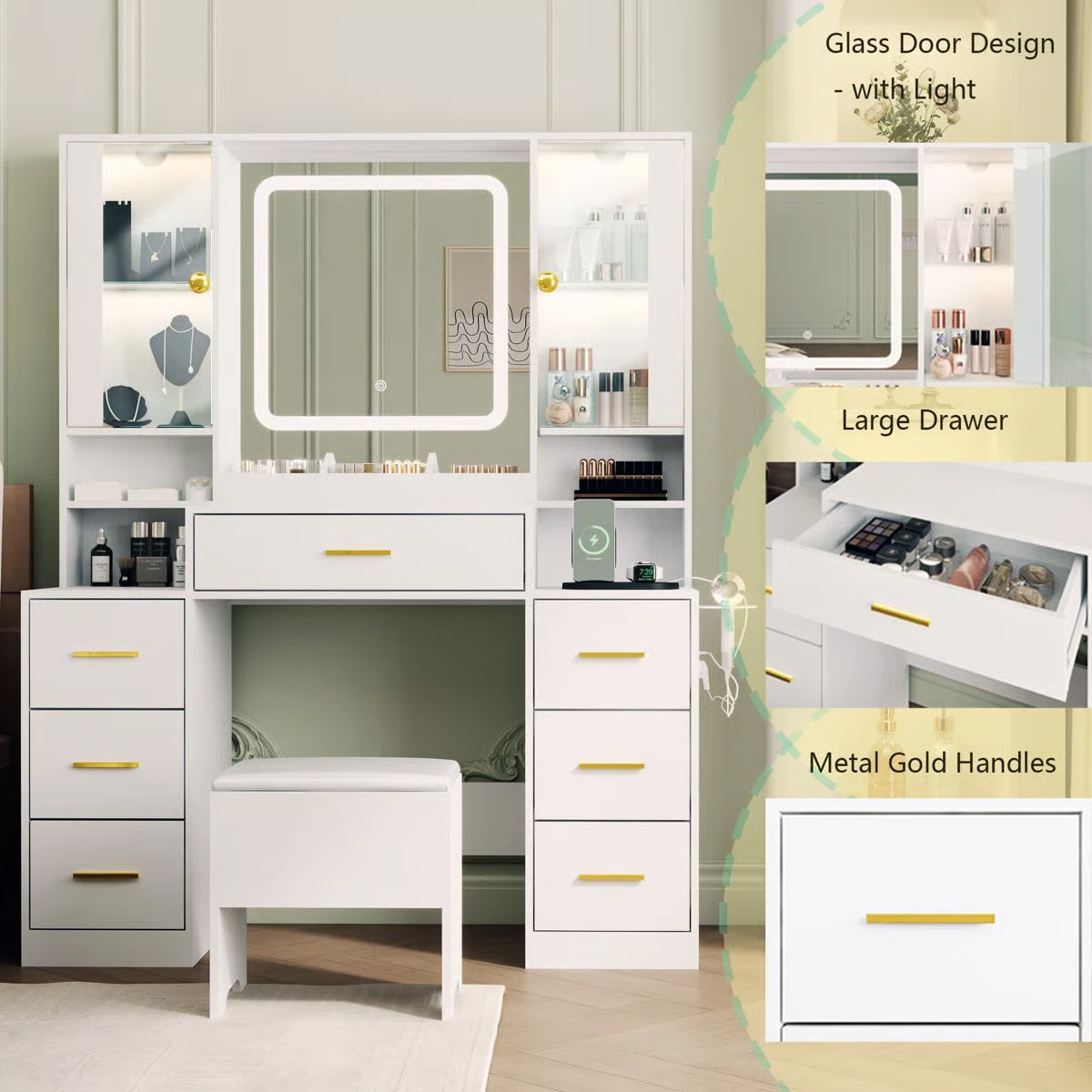 Large 7-Drawer Vanity Desk , Storage Stool, Cabinet, Charging Station and Hair Dryer Rack