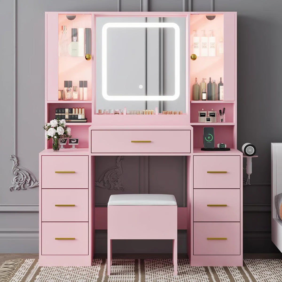 Large 7-Drawer Vanity Desk with LED Mirror, Storage Stool, Cabinet, Charging Station and Hair Dryer Rack- OUCH CART |Dressing table
