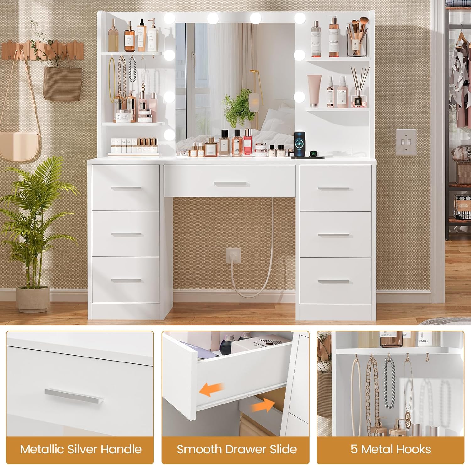 Large Vanity Desk with LED Lighted Mirror & Power Outlet,Makeup Vanity Table with 7 Drawers,4 Shelves and 5 Hooks,Vanity Table, Vanity Desk Set for Bedroom,Bathroom,White