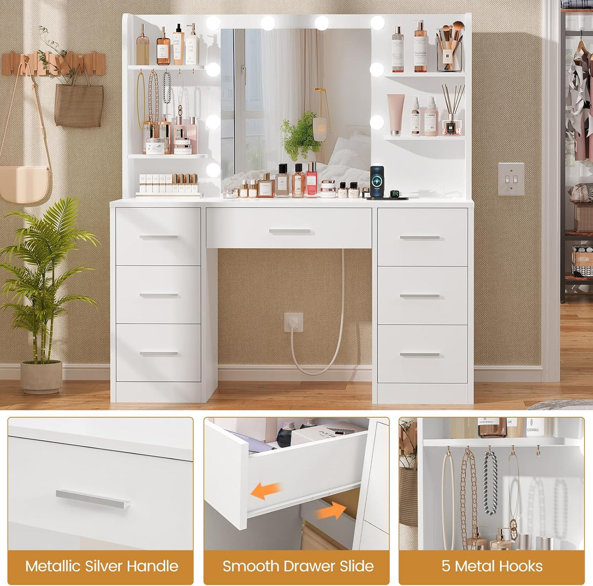 Large Vanity Desk with LED Lighted Mirror & Power Outlet,Makeup Vanity Table with 7 Drawers,4 Shelves and 5 Hooks,Vanity Table, Vanity Desk Set for Bedroom,Bathroom,White OUCH CART