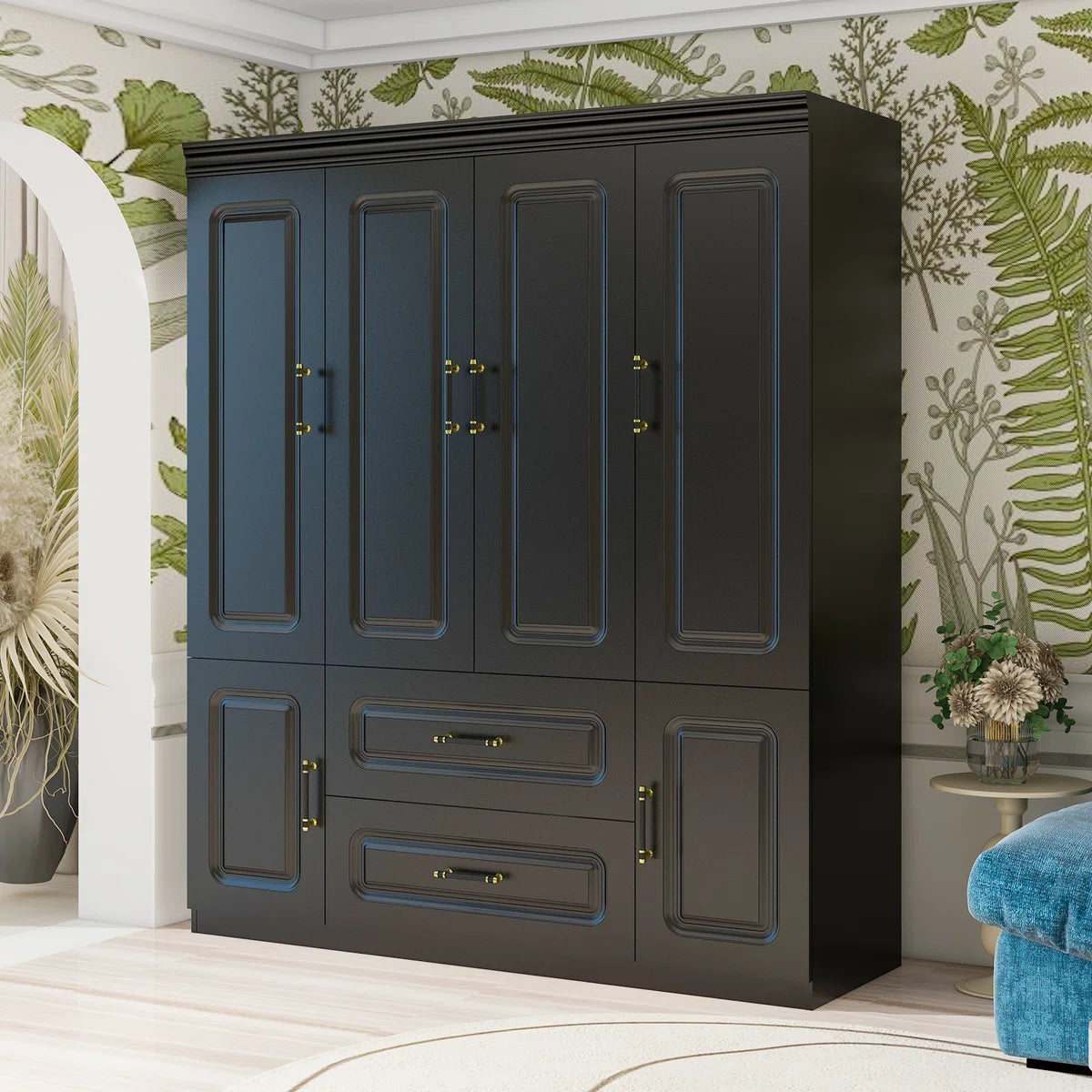 Modern 4-Door Bedroom Wardrobe Armoire With Storage Compartments