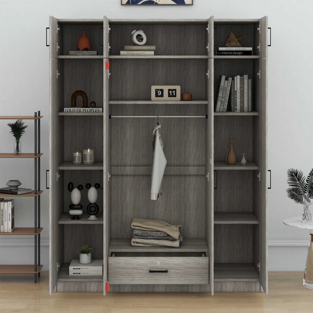 4-Door Wooden Wardrobe With Single Drawer And Top Compartment