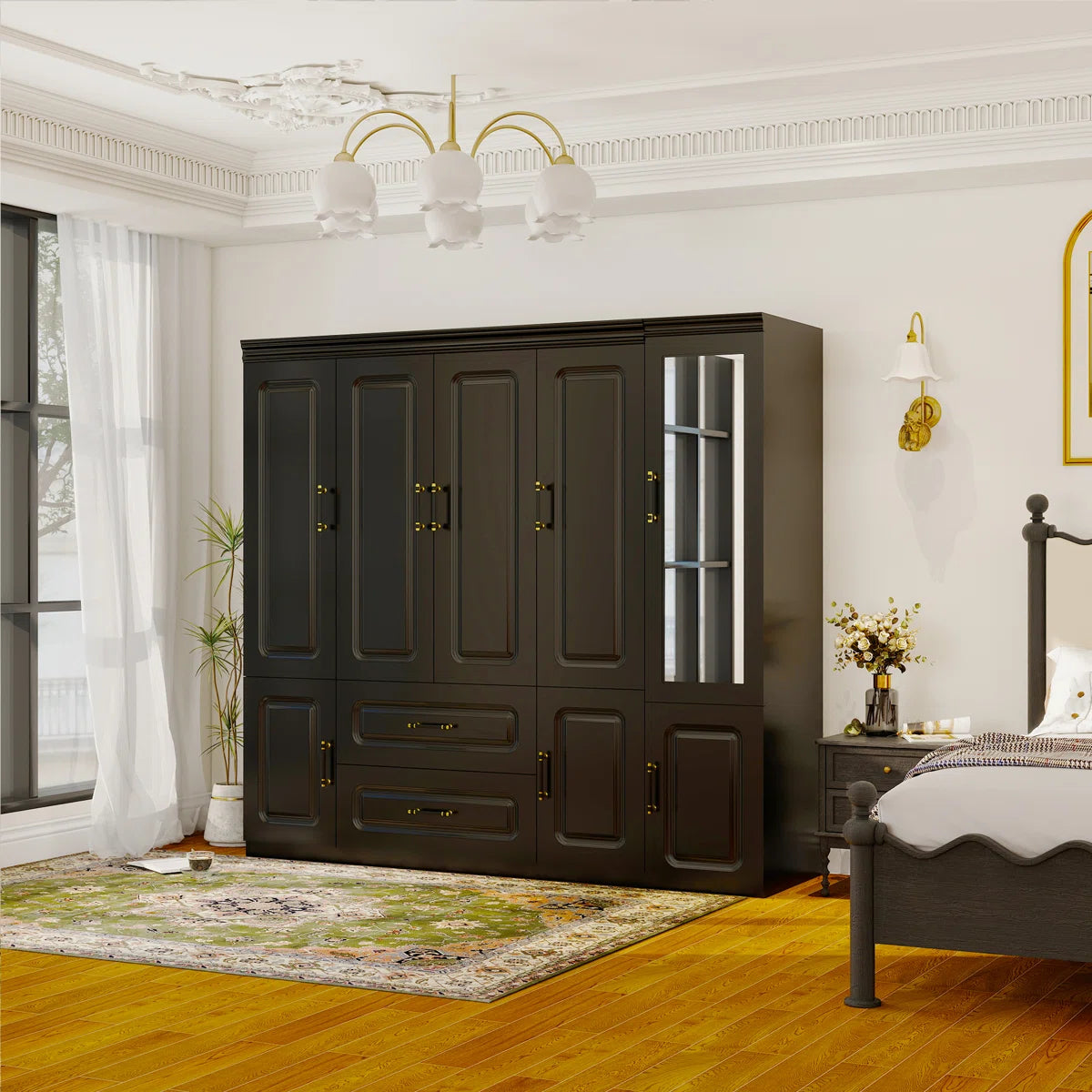 Elegant 2-Piece Solid Wood Armoire Wardrobe Black Freestanding Mirror Door