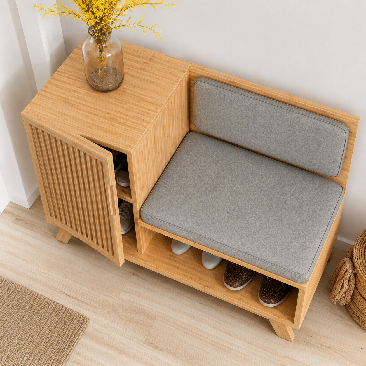 Modern Bamboo Shoe Storage Bench with Sliding Door | Entryway Shoe Organizer Cabinet with Cushioned Seat
