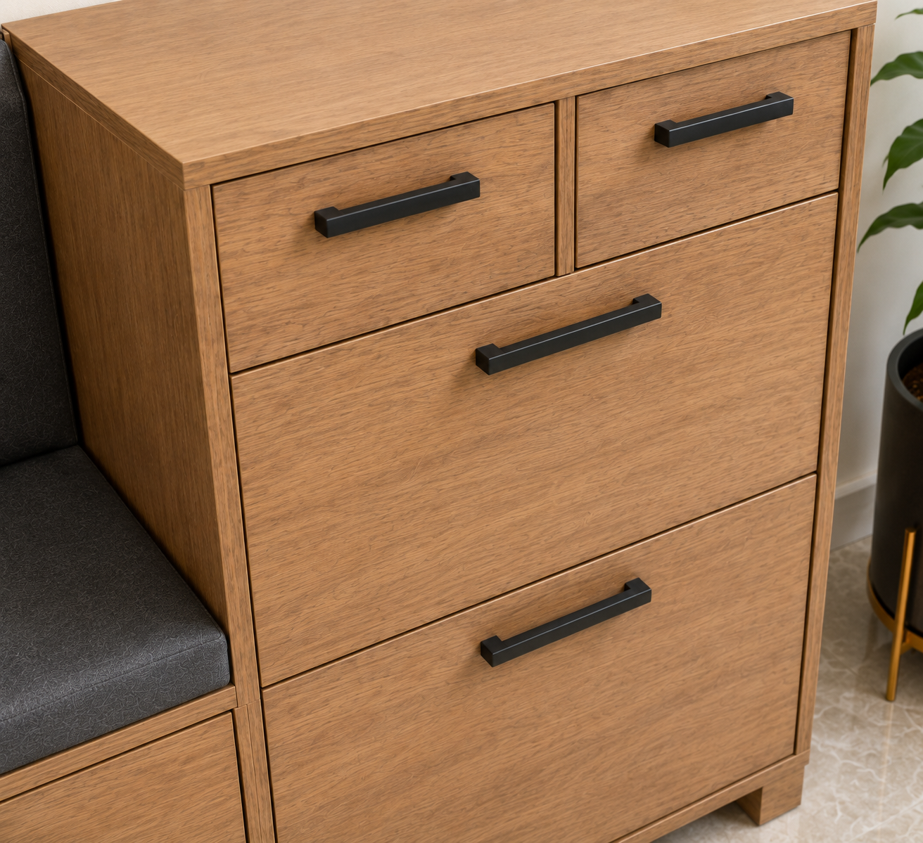 Modern Wooden Shoe Storage Cabinet with Cushioned Bench Seat | Entryway Shoe Organizer with Soft-Close Drawers & Matte Black Handles