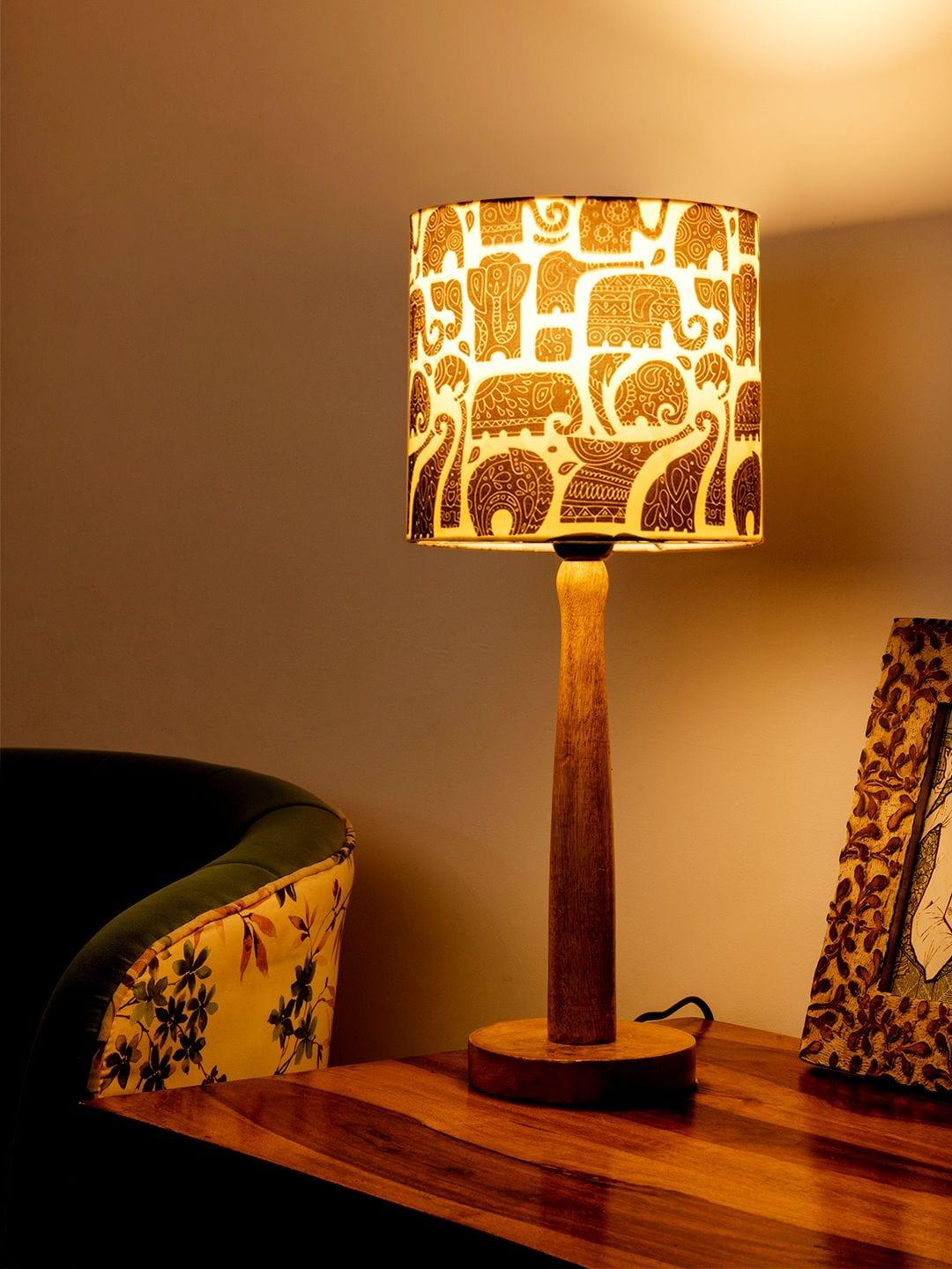 Wooden Brown Table Lamp with Black Elephant Shade - Ouch Cart