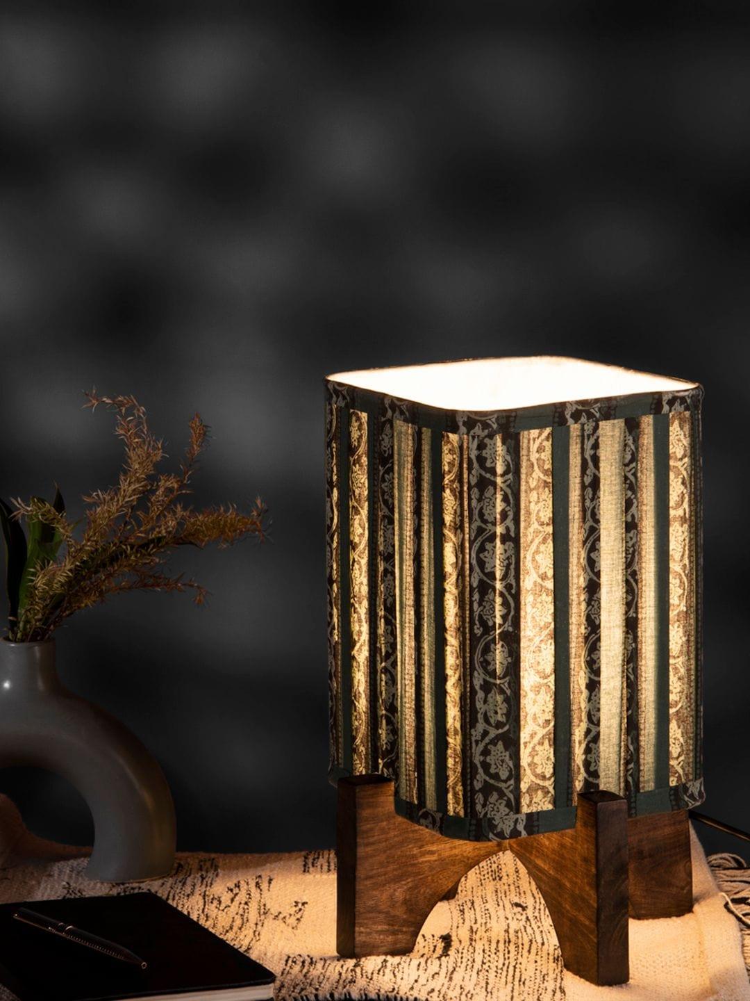 Wooden Brown Base Lamp with pleeted Green Blockprint Soft Shade - Ouch Cart