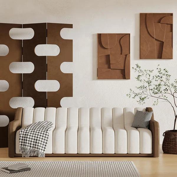 3 Seater Fluted Velvet Upholstered Sofa Walnut Leather Arm - Ouch Cart