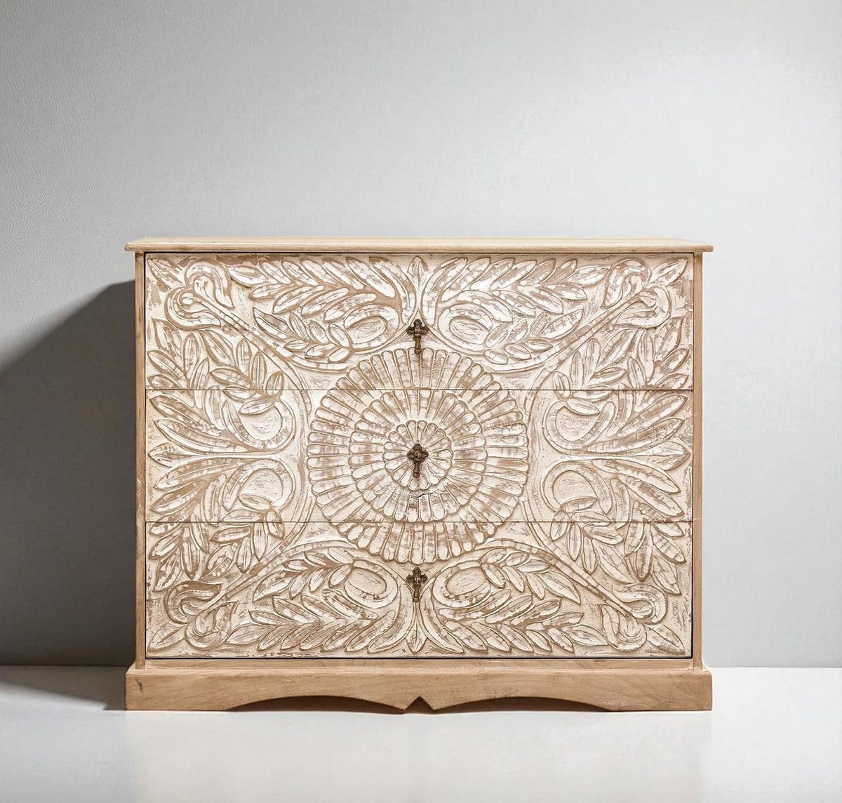 Carved Wooden Chest of Drawers – Rustic 3-Drawer Storage Cabinet for Bedroom & Living Room OUCH CART