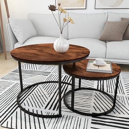Round Nesting Coffee Table Modern Nesting Side Set of 2 End Table for Living Room Balcony Garden - Ouch Cart