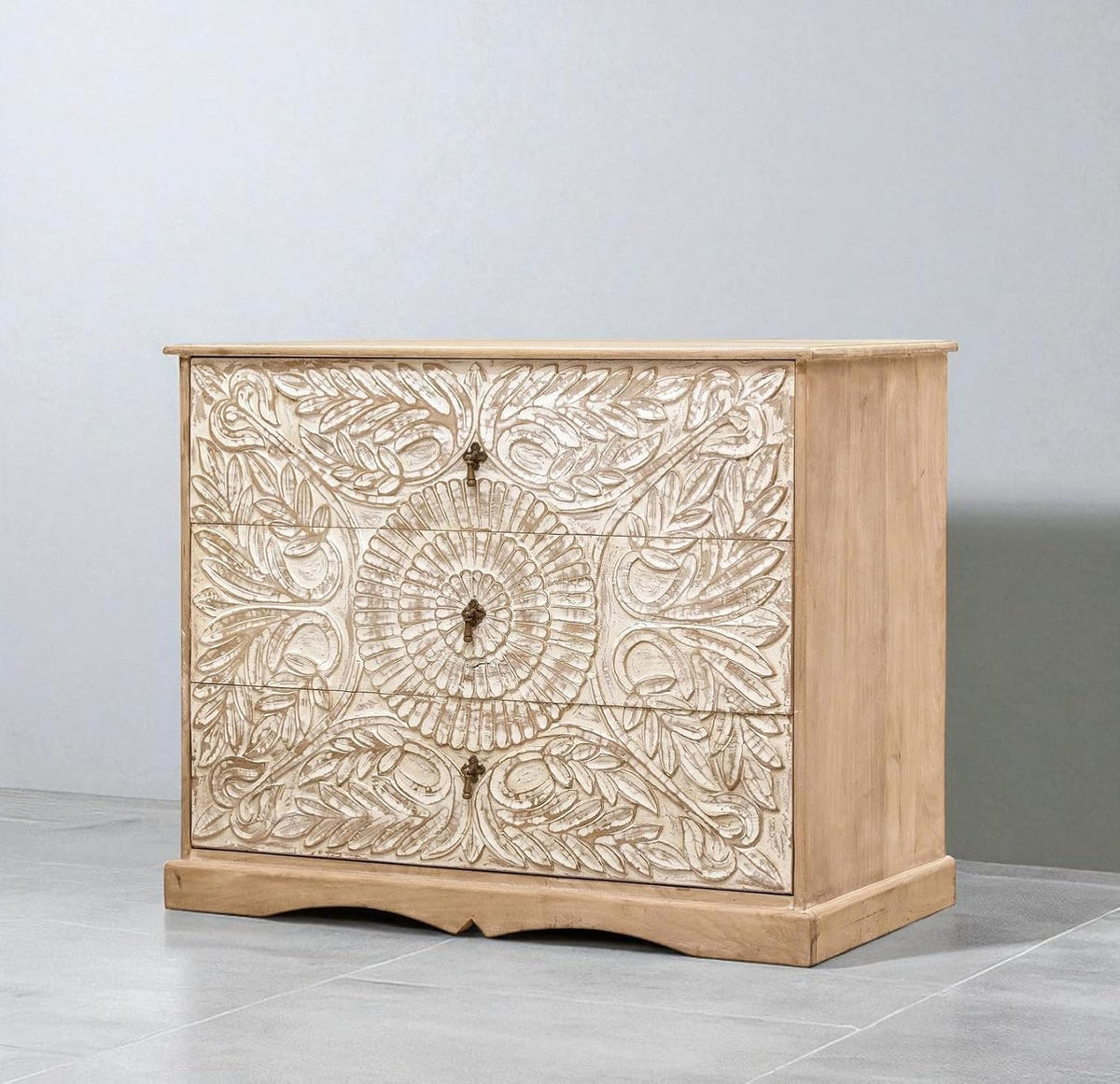 Carved Wooden Chest of Drawers – Rustic 3-Drawer Storage Cabinet for Bedroom & Living Room OUCH CART