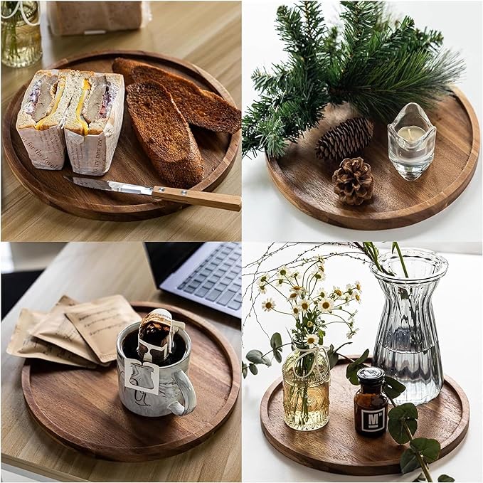 Wooden Round Tray Versatile Home Decor Accent for Serving and Display Small Wooden Serving Tray, Candle Holder Tray Home Decor Ouch Cart