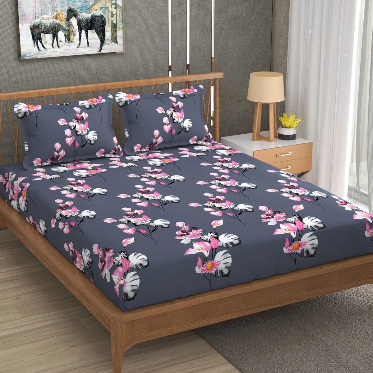 Floral Glace Cotton Elastic Fitted Bedsheet for Double King Bed | 72 × 78 × 8 Inches | 280 TC | 2 Pillow Covers