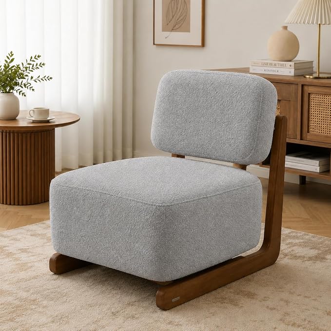 Ouch Cart Modern Cream Bouclé Lounge Chair with Wooden Frame | Cozy Accent Chair Ouch Cart