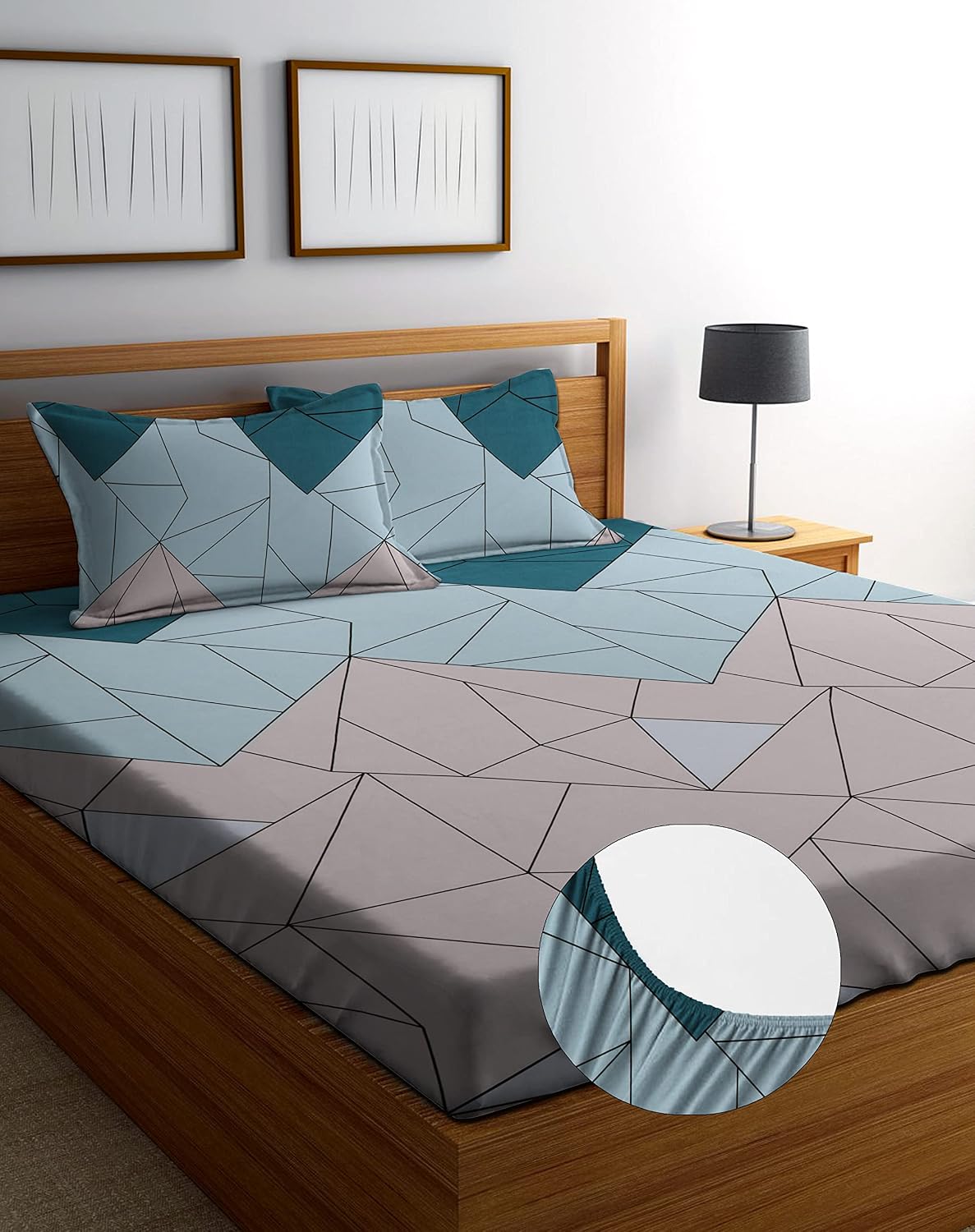 Ultra-Soft Glace Cotton Fitted Double Queen Bedsheet with 2 Large Pillow Covers | 220 TC | All-Around Elastic Fit | Superfine Checked Print | Summer Bedding OUCH CART