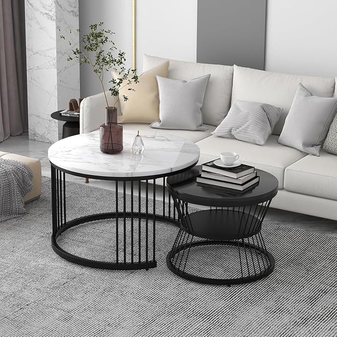 Round Modern Nesting Coffee Table Set of 2 with Marble Veneer Tops OUCH CART