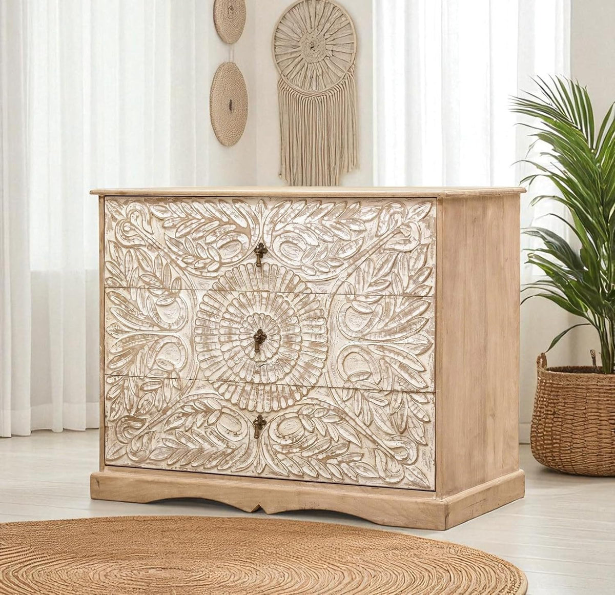 Carved Wooden Chest of Drawers – Rustic 3-Drawer Storage Cabinet for Bedroom & Living Room OUCH CART