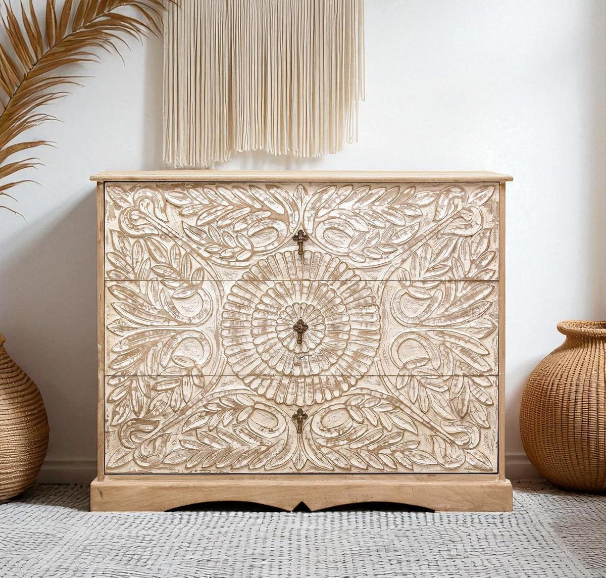 Carved Wooden Chest of Drawers – Rustic 3-Drawer Storage Cabinet for Bedroom & Living Room OUCH CART