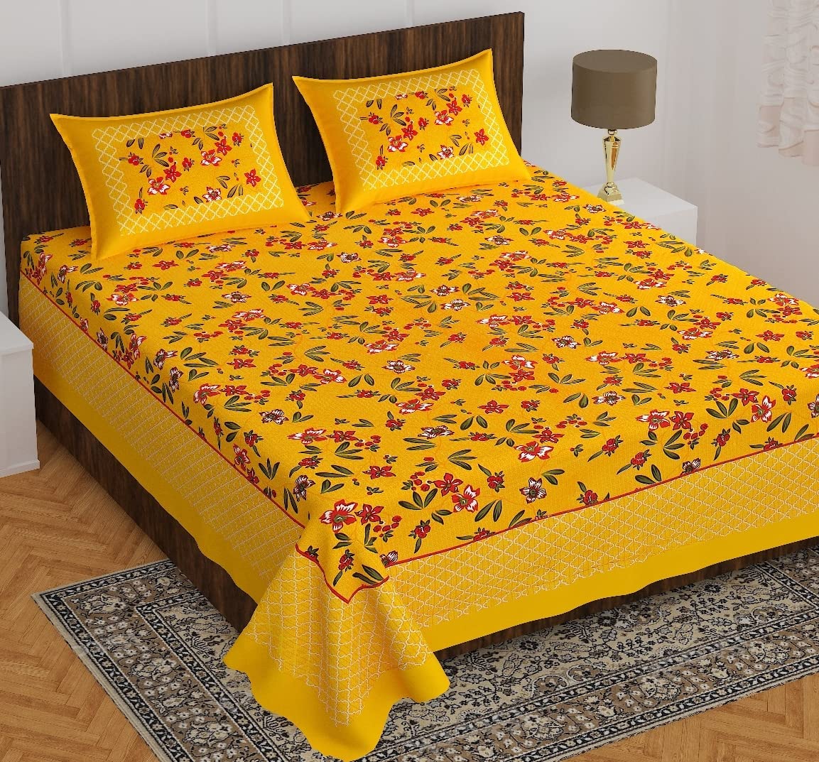 Jaipuri Cotton Double Queen Bedsheet with 2 Pillow Covers | 160 Thread Count | Fine Floral Screen Print | Soft & Comfortable Flat Bedsheet for Summer OUCH CART