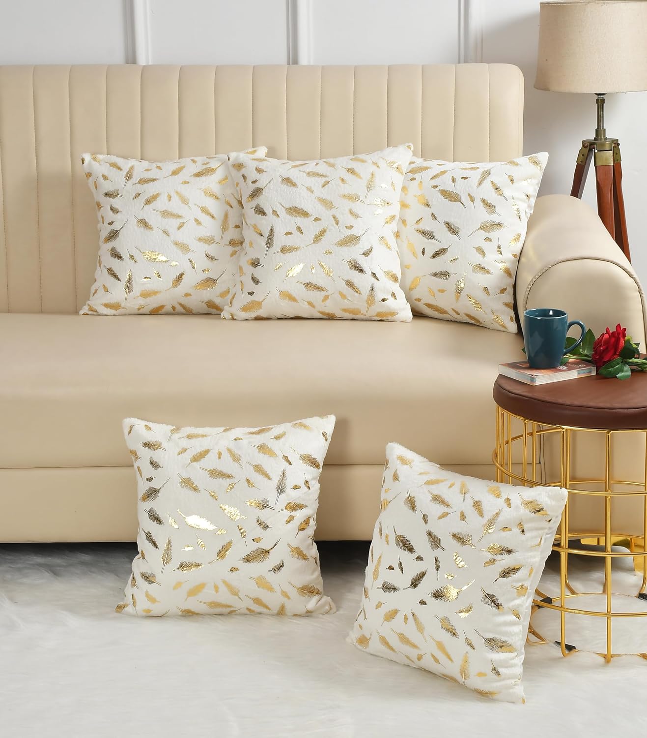 Luxury Soft Chenille Cushion Covers Set of 5 Floral Feather Print Decorative Pillow Covers | White | Sofa, Couch & Bed Décor OUCH CART