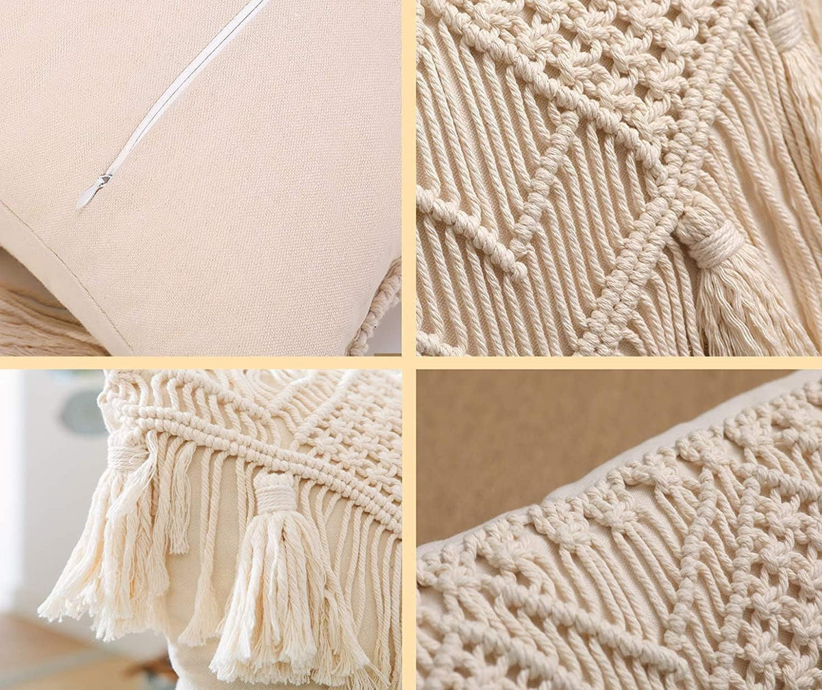 White Cotton Macrame Cushion Cover, 16 x 16 Inch, Bohemian Floral Design OUCH CART