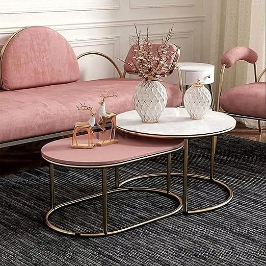 Nesting Table Set of 2, Stacking Side Round Tables in Golden Colour for Living Room - Ouch Cart