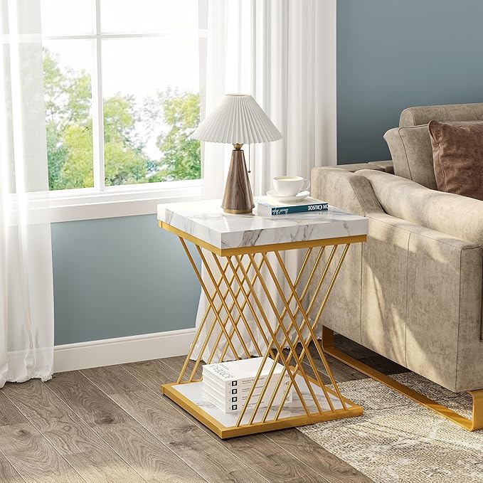 Tribesigns Faux Marble End Table White Gold, 2-Tier Small Side Table with Metal Frame, Bedside Table for Sofa, Couch, Living Room OUCH CART