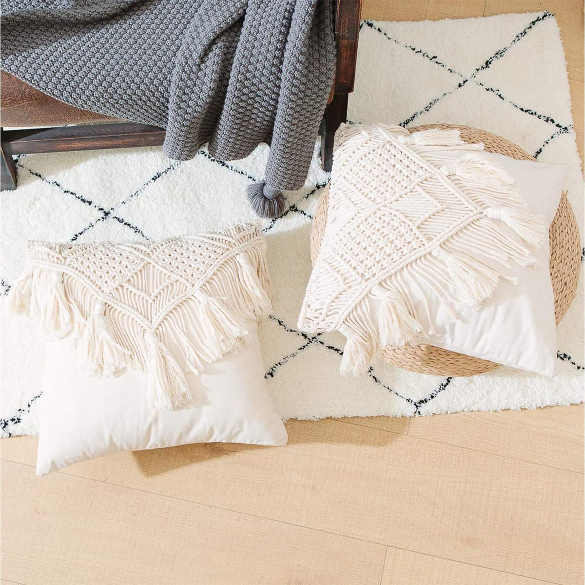 White Cotton Macrame Cushion Cover, 16 x 16 Inch, Bohemian Floral Design OUCH CART
