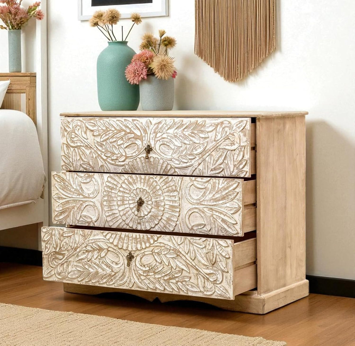 Carved Wooden Chest of Drawers – Rustic 3-Drawer Storage Cabinet for Bedroom & Living Room OUCH CART