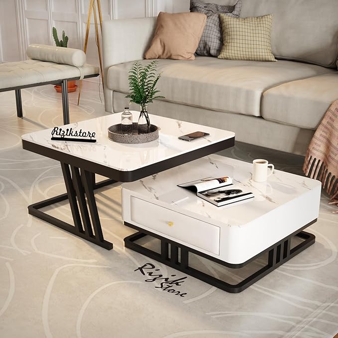 RIZIK STOREยฎ Handmade Coffee Table with Metal Base & Engineered Wood Top | Nesting/Side/Center Table for Living Room, Drawing Room, Balcony (Square, White & Black, 30"x30")