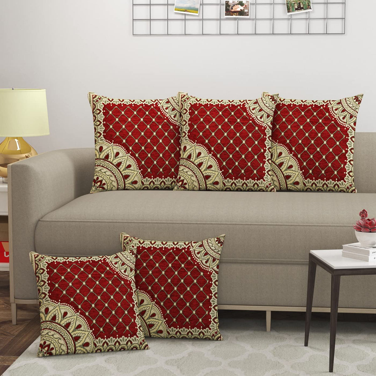 Graceful Embroidered Polyester Cushion Covers, 16 x 16 Inch, Set of 5 Ouch Cart
