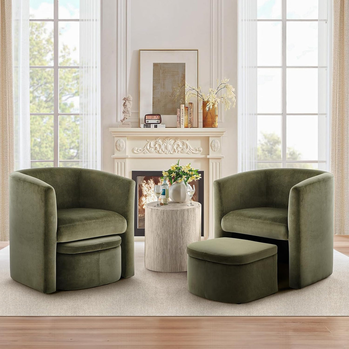 Modern Upholstered Barrel Accent Chair with Storage Ottoman Set of 2 ouch cart