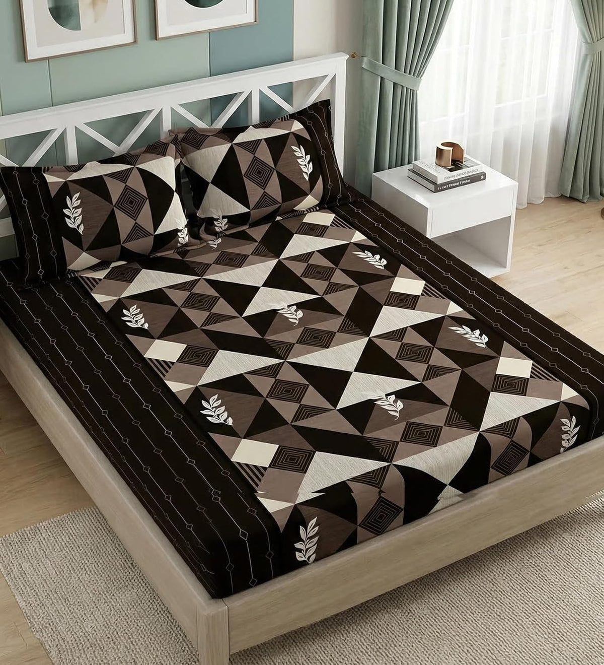 Elastic Fitted Cotton Double Queen Bedsheet with 2 Matching Pillow Covers | 320 Thread Count | Geometric Print | Soft & Comfortable Fitted Bedsheet | Summer Bedding OUCH CART