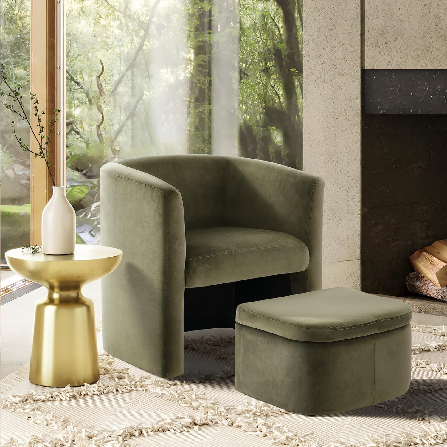 Modern Upholstered Barrel Accent Chair with Storage Ottoman ouch csrt