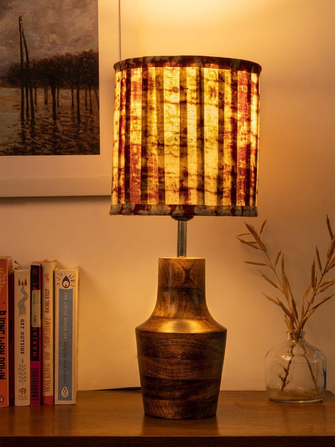 Wooden Firkin Lamp with Pleeted Multicolor Maroon Shade - Ouch Cart