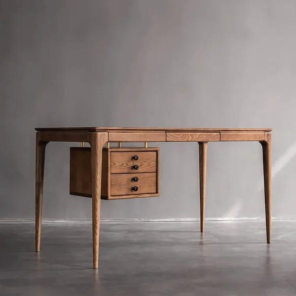Ronald Modern Walnut Ash Wood Writing Desk Home Office Desk with 5 Drawers - Ouch Cart