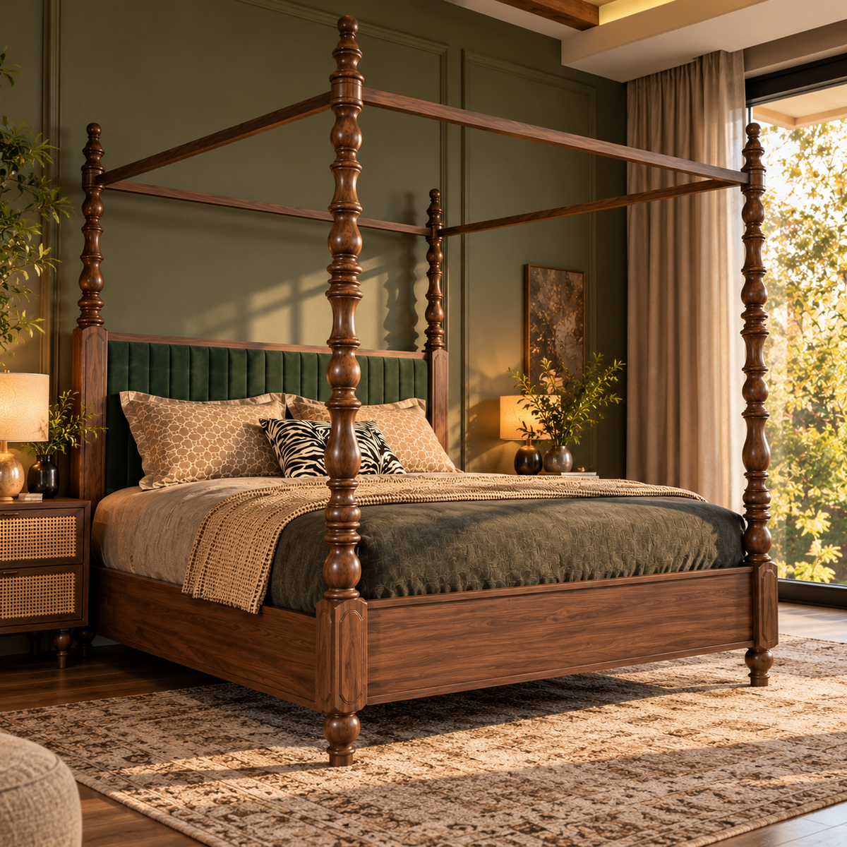 Luxury Wooden Four Poster Bed with Green Upholstered Headboard, Walnut Finish, Elegant Canopy Bed for Bedroom