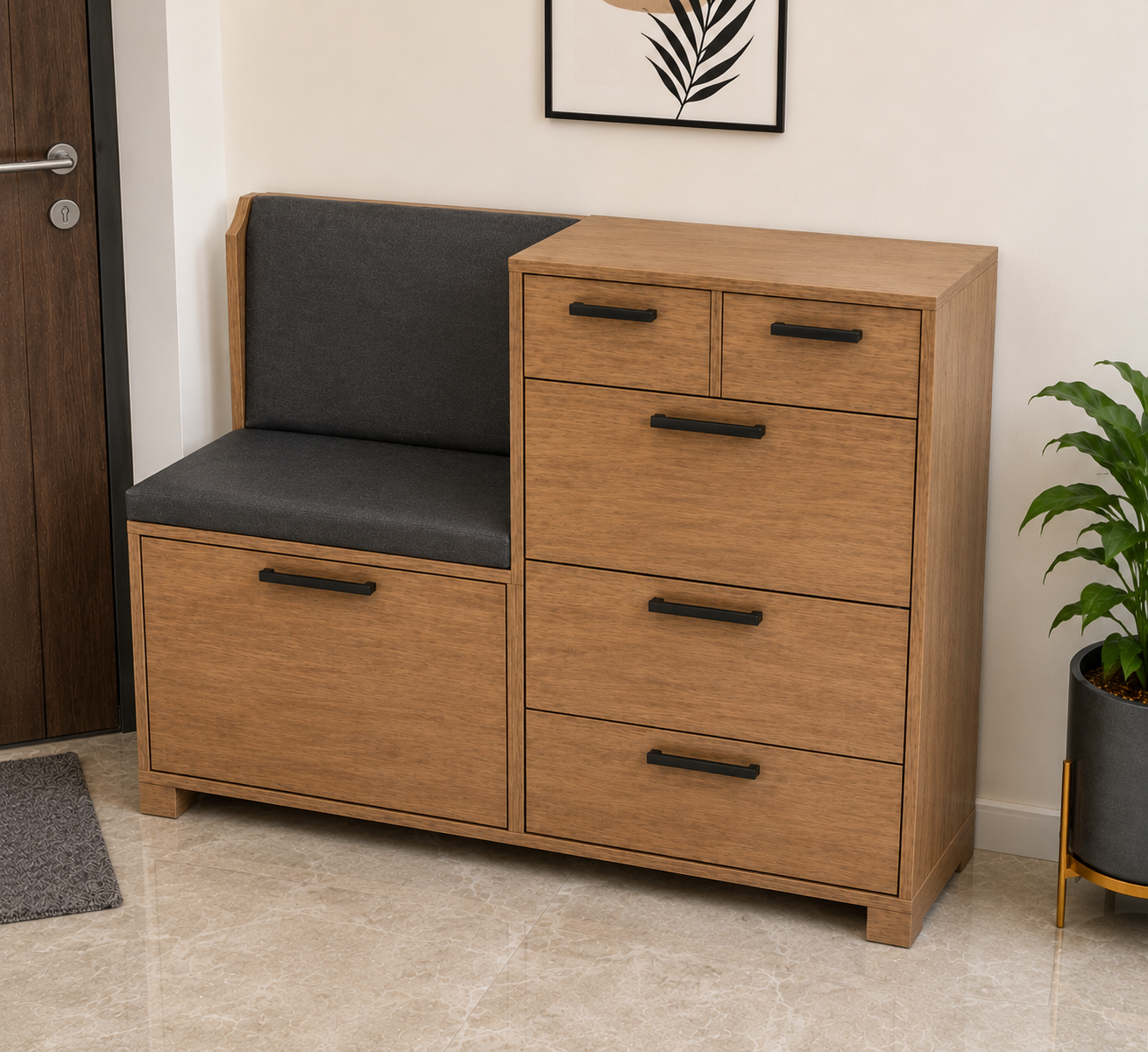 Modern Wooden Shoe Storage Cabinet with Cushioned Bench Seat | Entryway Shoe Organizer with Soft-Close Drawers & Matte Black Handles