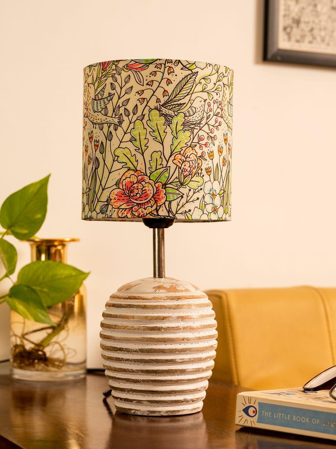 Stripped Distress White Lamp with Colorful Leaves multicolor shade - Ouch Cart